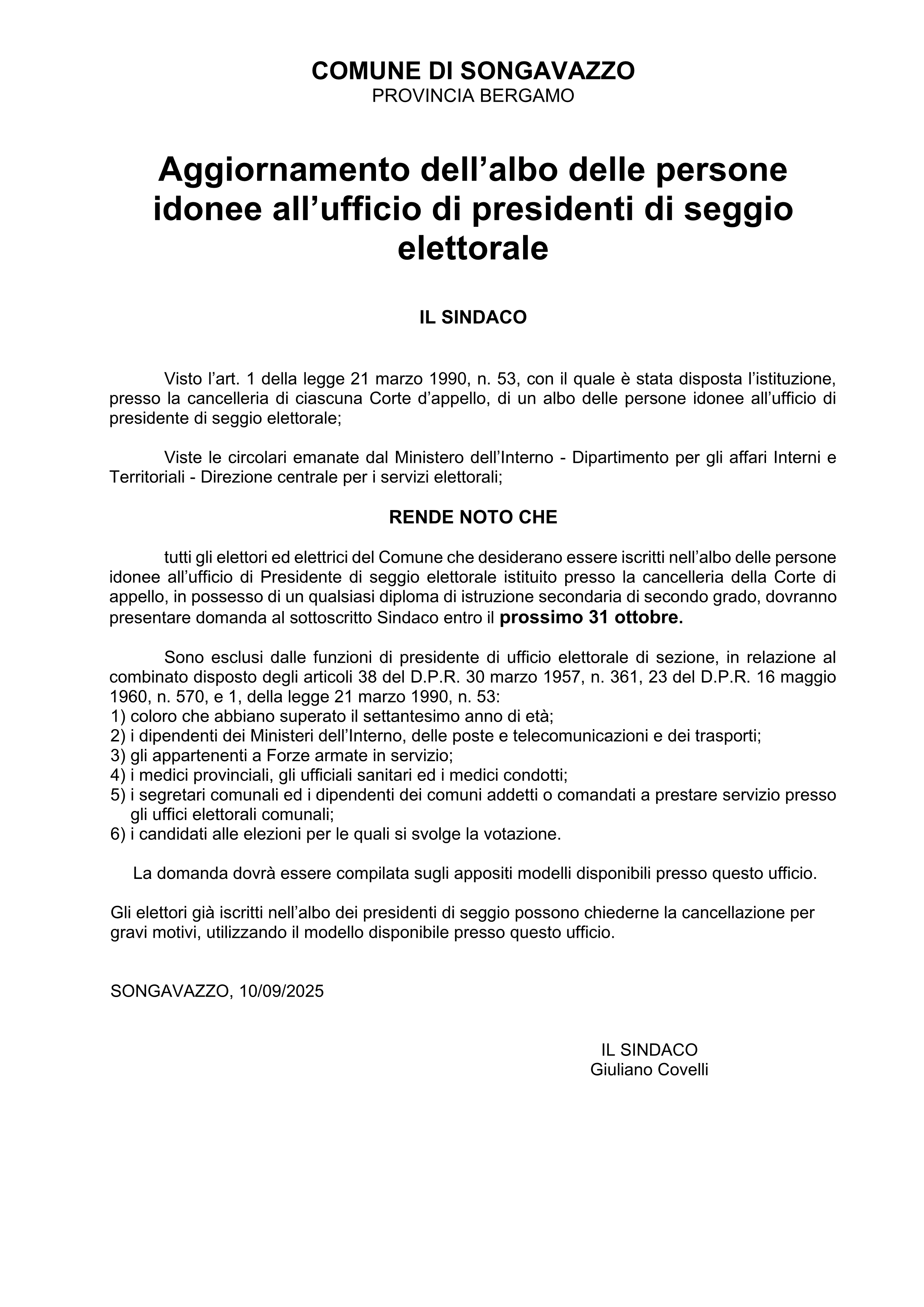 Albo delle persone idonee all'ufficio di presidenti di seggio elettorale.