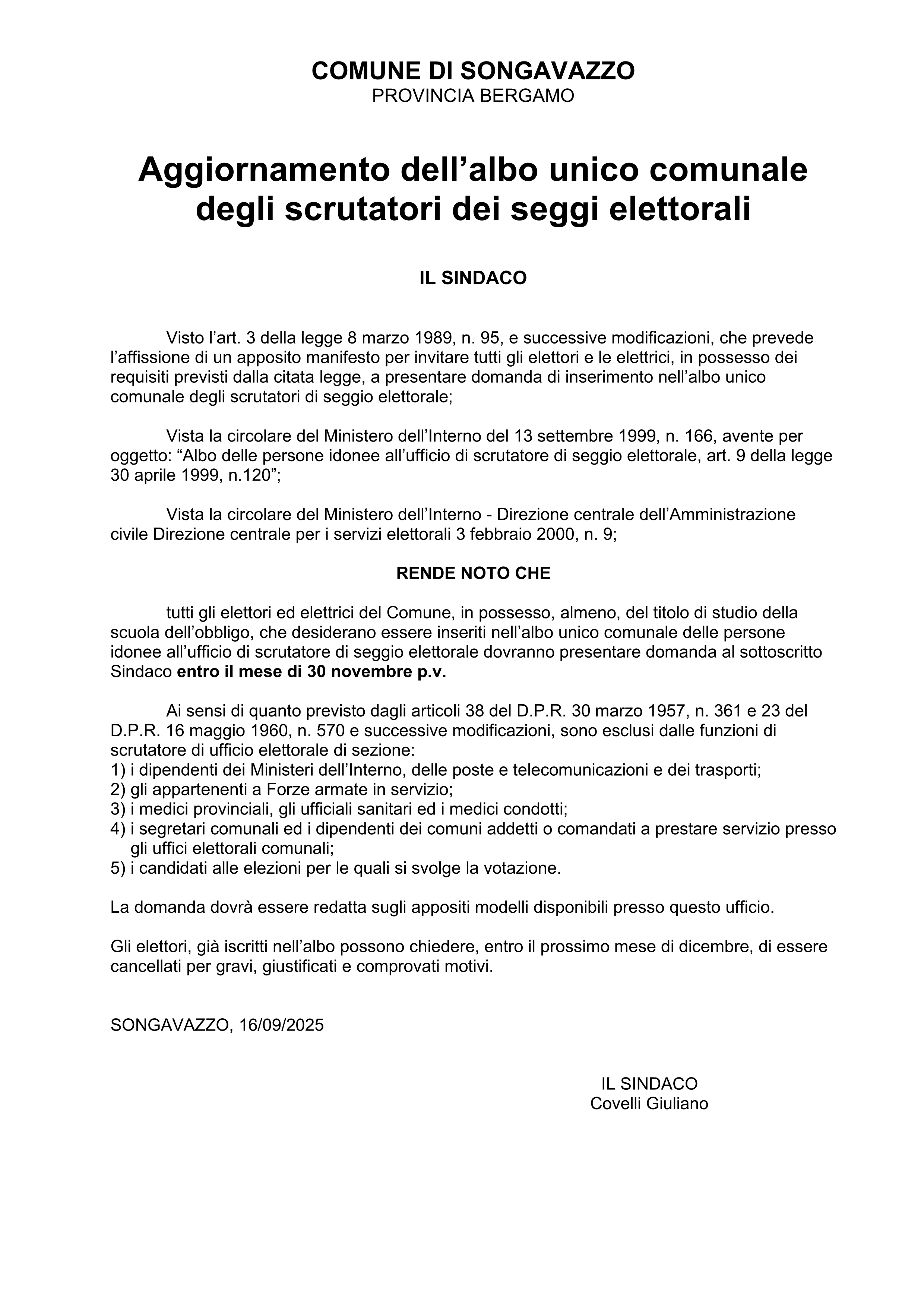 Albo Unico Comunale degli scrutatori dei seggi elettorali